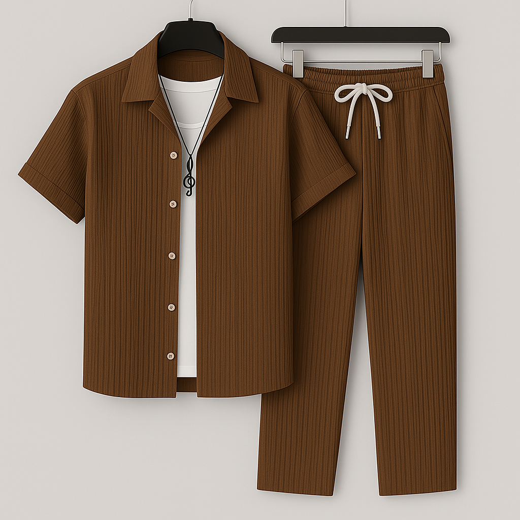Men's Set Shirt and Pants – Relaxed Fit – Buttoned – Ribbed Fabric
