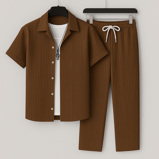 Men's Set Shirt and Pants – Relaxed Fit – Buttoned – Ribbed Fabric