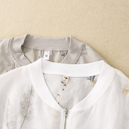 Embroidered Floral Bomber Jacket for Women – Breathable Linen Comfort