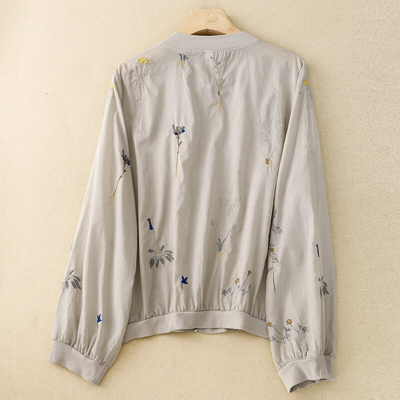 Embroidered Floral Bomber Jacket for Women – Breathable Linen Comfort