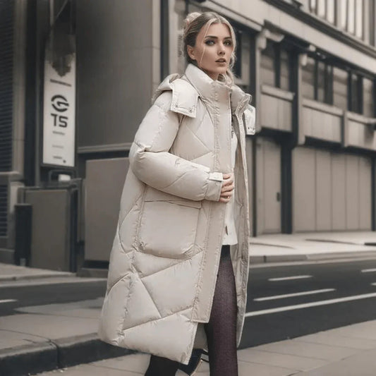 Women's Puffer Jacket - Woven Fabric - Oversized Cut - Stand Collar - Ankle Length