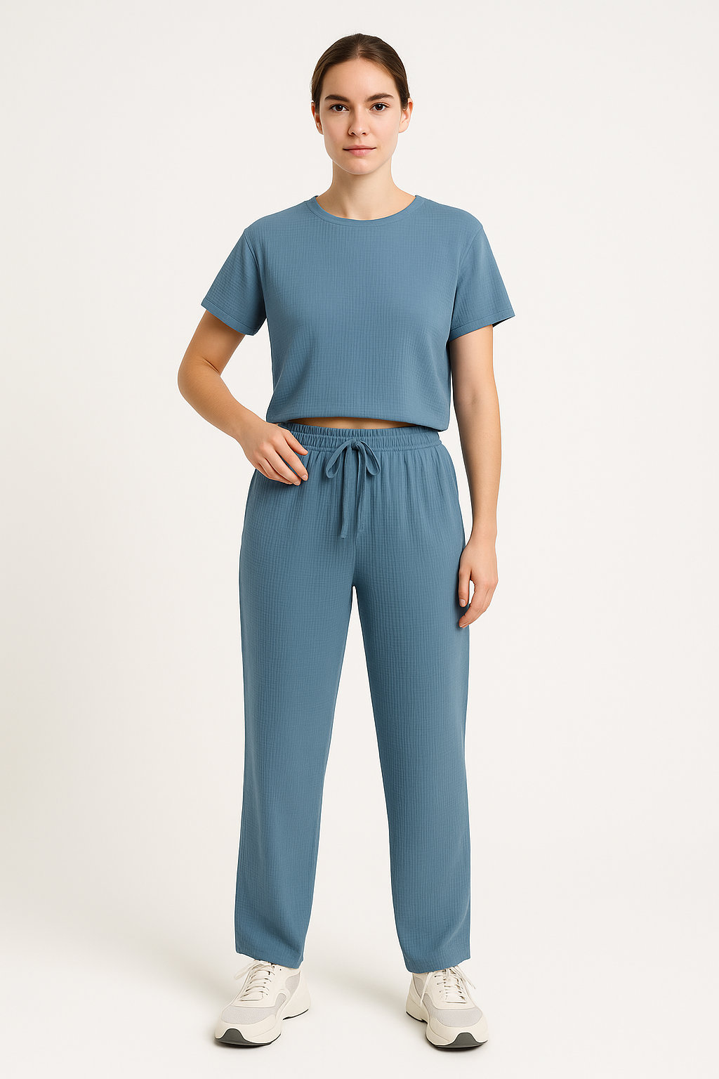 Women's Lounge Set – Cropped Top Short Sleeves – Wide Leg Pants – Breathable Fabric