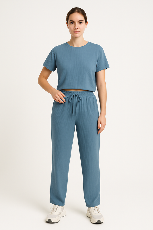 Women's Lounge Set – Cropped Top Short Sleeves – Wide Leg Pants – Breathable Fabric
