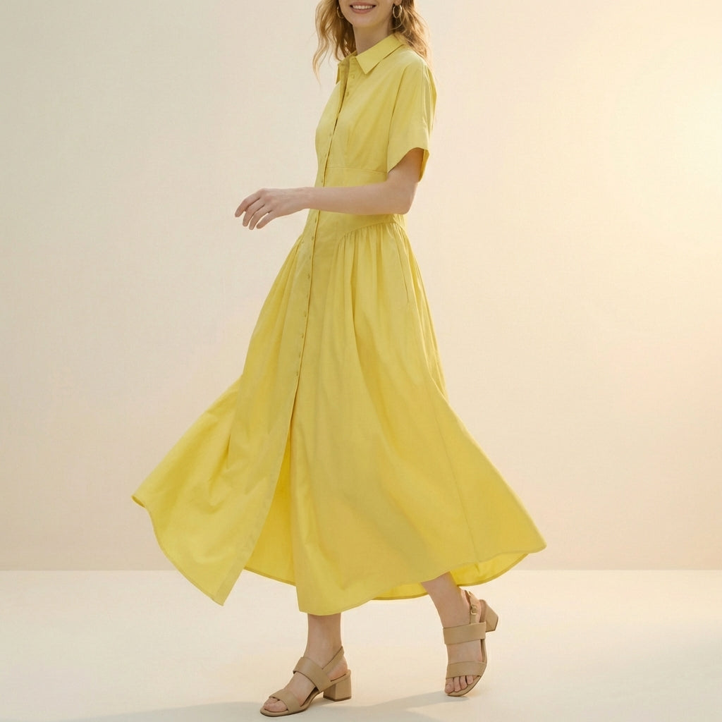 Pleated A-Line Midi Shirt Dress for Women – Polished Casual Style