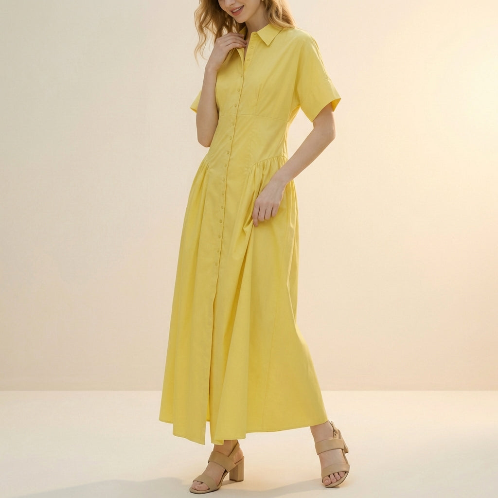 Pleated A-Line Midi Shirt Dress for Women – Polished Casual Style
