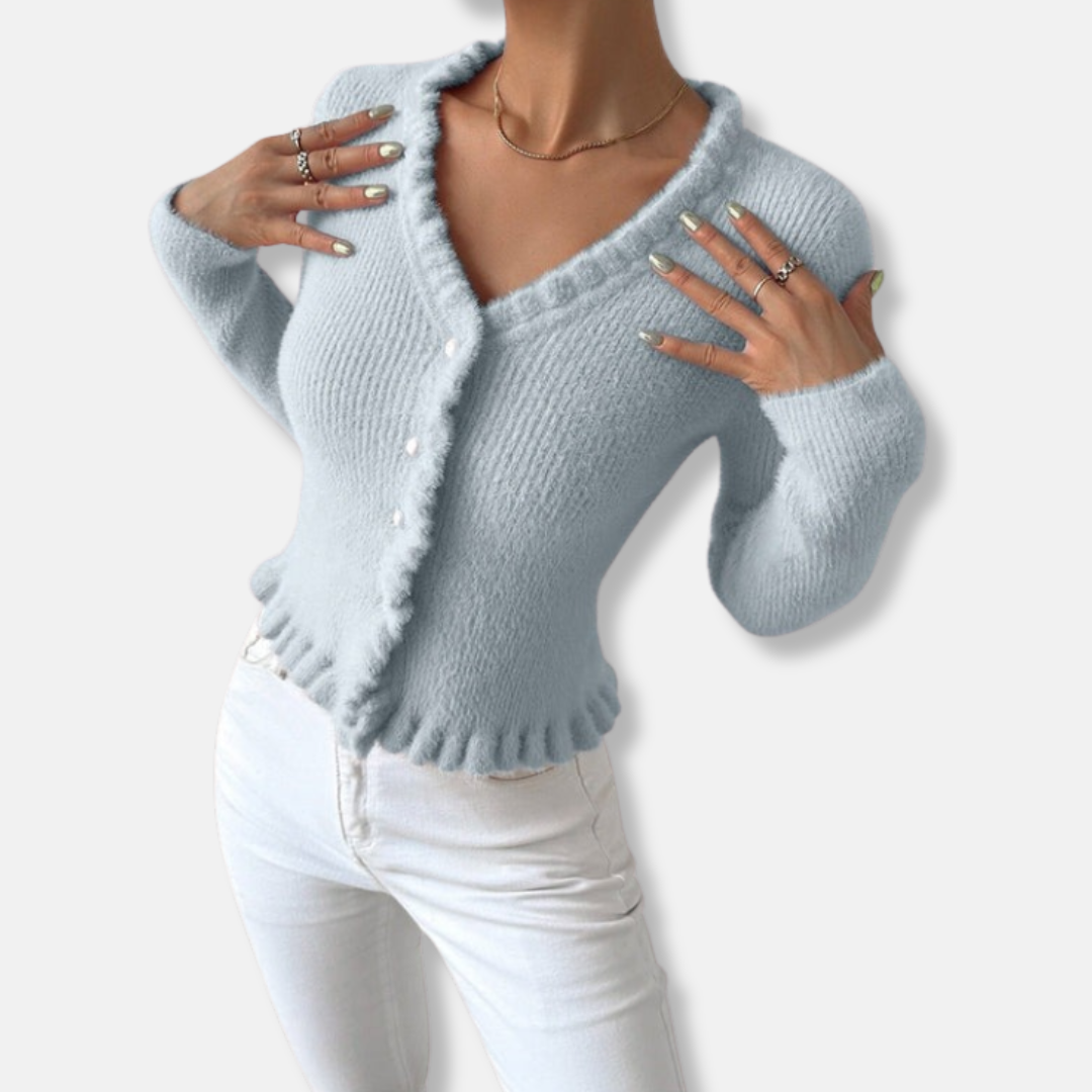 Erin Cropped Cardigan | Pearl Buttons, Ruffled Trim Cardigan