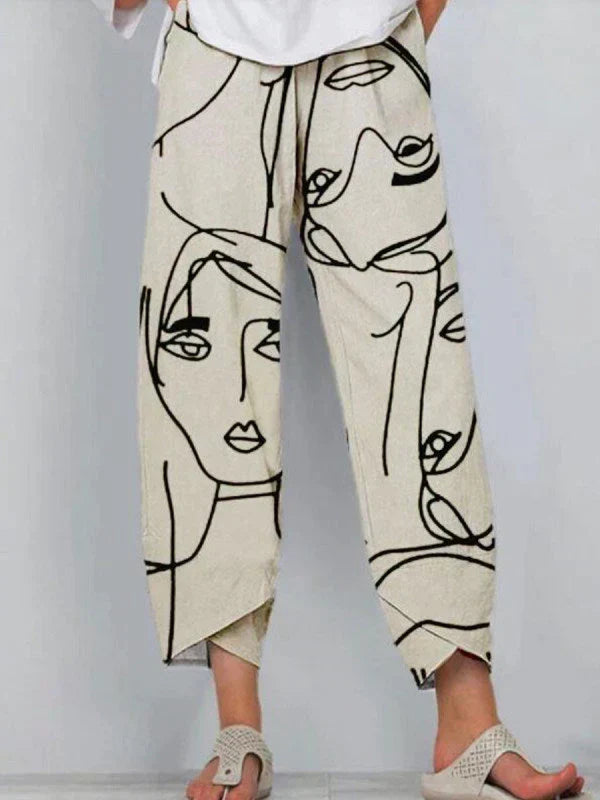 Wide women's pants – Lightweight breathable fabric – Artistic face print – Ankle length