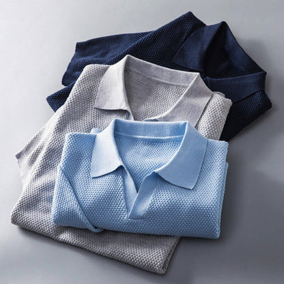 Textured Knit Open Placket Polo Shirt for Men – Smart-Casual Style & Comfort