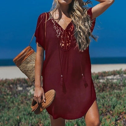 Women's beach tunic – Flowing cut – Breathable fabric – Crochet neckline detail