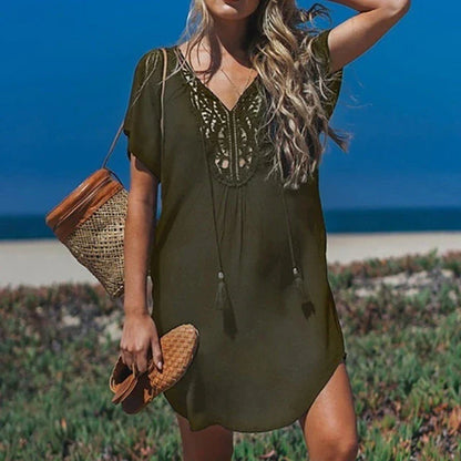 Women's beach tunic – Flowing cut – Breathable fabric – Crochet neckline detail