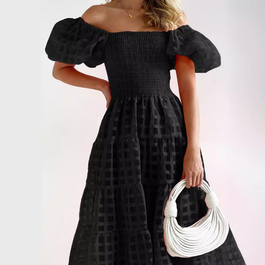 Women's long dress – Off-the-shoulder – Puff sleeves – Smocked waist – Breathable fabric