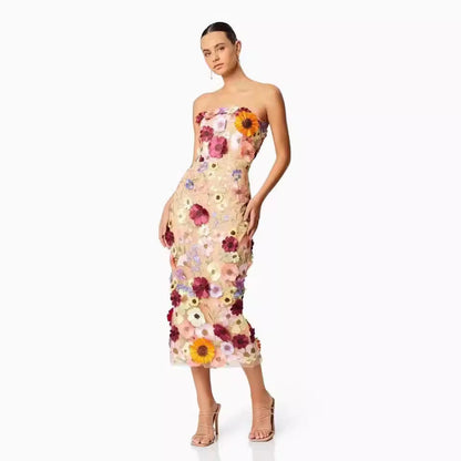 Women's Bustier Dress – Slim Fit – Lightweight Tulle – 3D Floral Appliqués – Midi Length