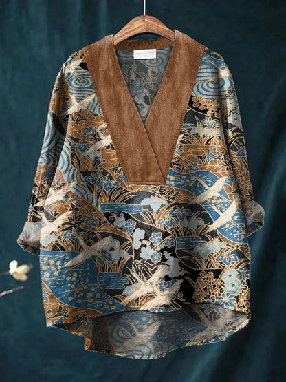 Women's long-sleeve shirt – Relaxed fit – V-neck – Graphic print