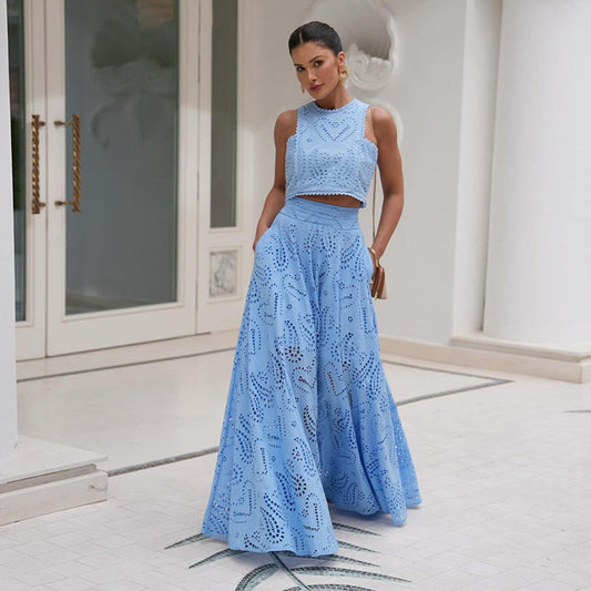 Women's Set – Cropped Sleeveless Top – Long Flared Skirt – Embroidered Details