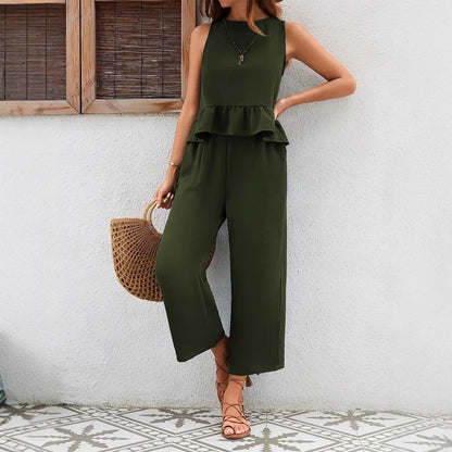 Set for women – Breathable Fabric – Sleeveless Top – Wide Pants – Smocked Waist