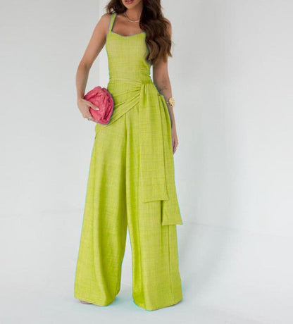 Jumpsuit for women – Lightweight linen – Sleeveless – Adjustable waist – Wide leg