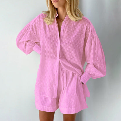 Women's Set Blouse and Shorts – Loose Fit – Textured Fabric – Puff Sleeves