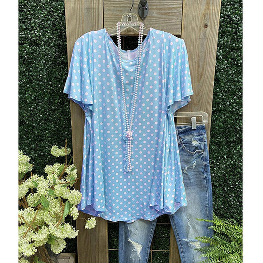 Women's Tunic – Loose Fit – Short Sleeves – Polka Dot Pattern – Lightweight Breathable Fabric