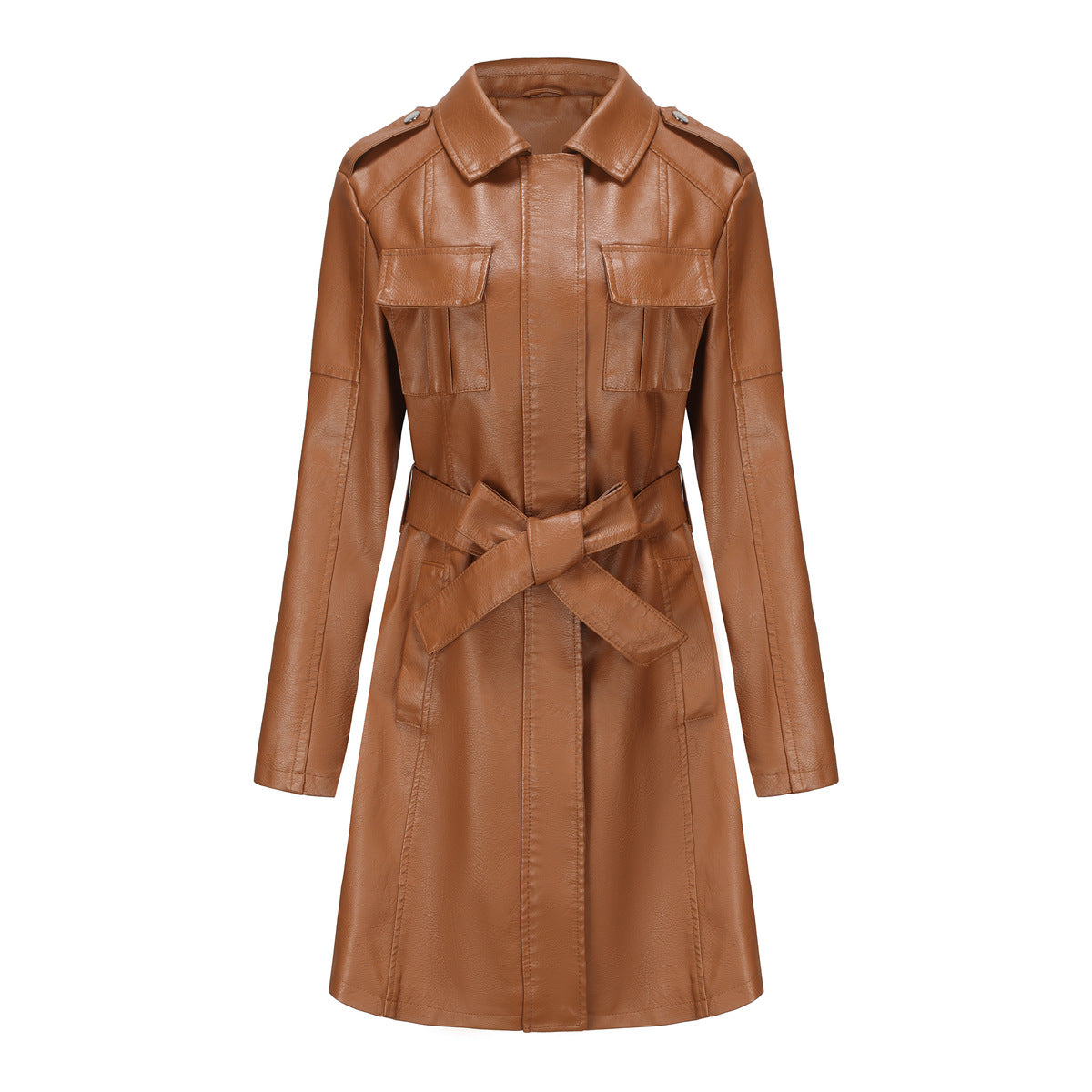 Veste mi-longue femme – Coupe structurée – Col pointu – Épaulette à boutons – Poches multiples