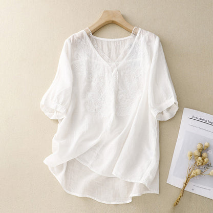 Chemise femme manches courtes – Coupe ample – Col V – Broderie élégante – Tissu respirant