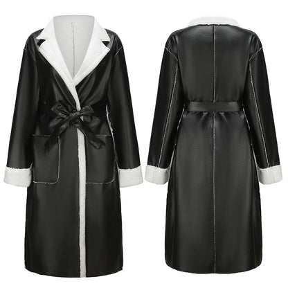 Women's Long Coat - Faux Leather - Oversized Cut - Lapel Collar - Waist Belt
