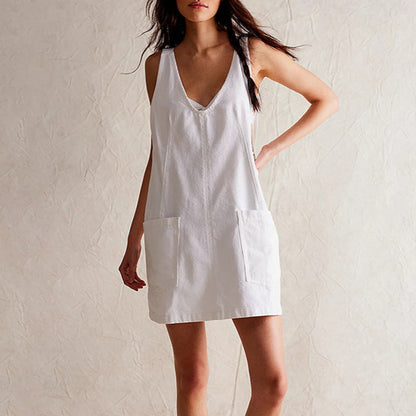 Women's Mini Dress – Loose Fit – Plunging Neckline – Sleeveless – Natural Fibers