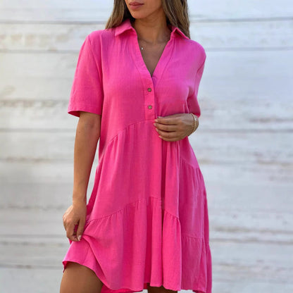 Women's trapeze dress – Breathable natural fibers – Short sleeves – Buttoned V-neck