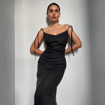 Robe longue femme – Lin et coton – Coupe évasée fluide – Bretelles réglables