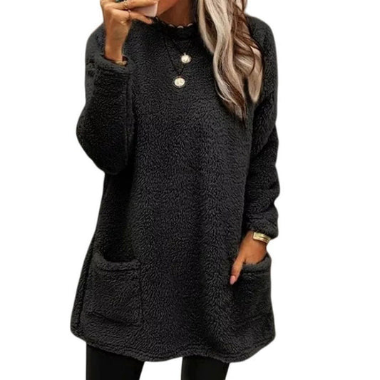 Pull femme – Coupe oversize – Tissu pelucheux – Manches longues – Poches pratiques