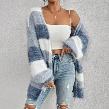 Gilet en maille femme – Coupe oversize – Manches longues – Ouverture frontale rayée
