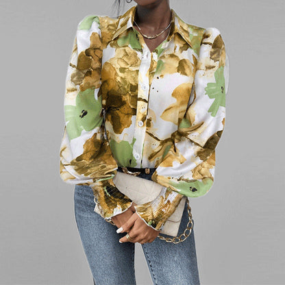 Chemise femme – Coupe oversize – Manches bouffantes – Imprimé fleuri – Poignets smockés