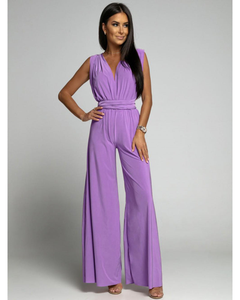 Women's jumpsuit – Sleeveless – Wrap-front neckline – Fitted waist – Wide legs