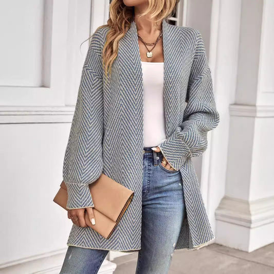Gilet femme – Coupe ample – Manches longues – Motif chevron – Ouvert devant