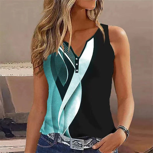 Women's sleeveless top – V Neck – Flowy cut – Decorative buttons – Breathable fabric