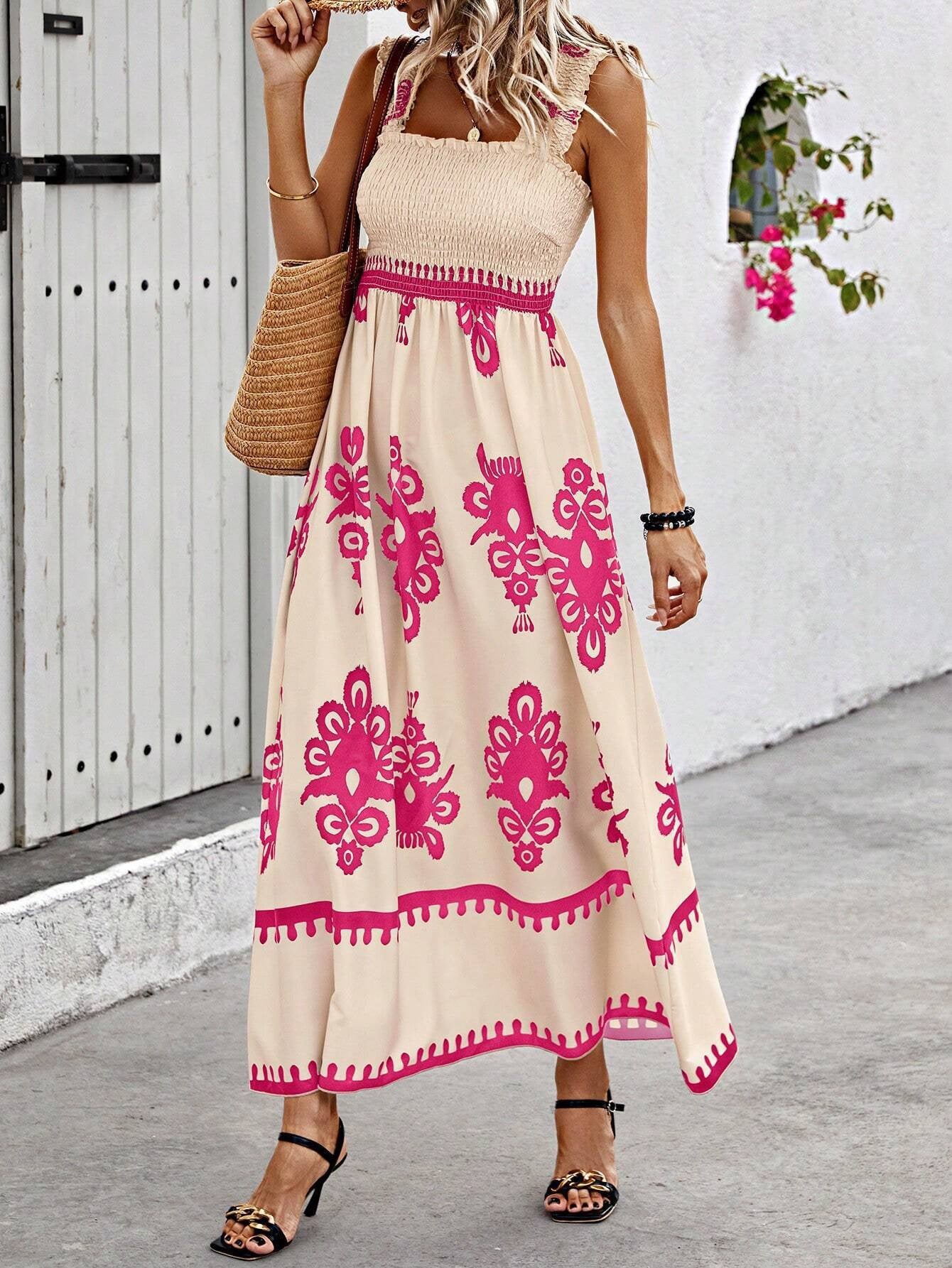 Robe longue femme – Bustier smocké – Bretelles larges – Coupe fluide imprimée