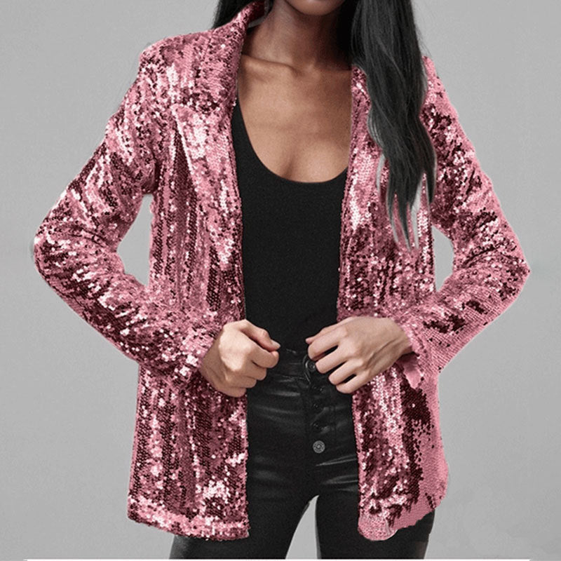 Blazer femme – Coupe cintrée – Sequins brillants – Manches longues – Sans fermeture