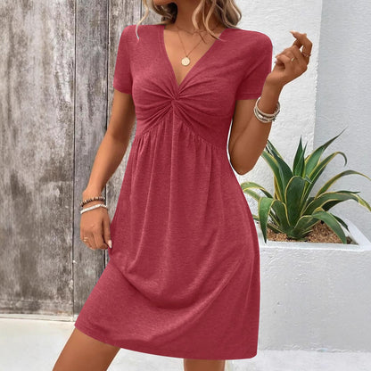 Women's Mid-Length Dress – Soft Knit – V-Neck – Short Sleeves – Ruched Detail