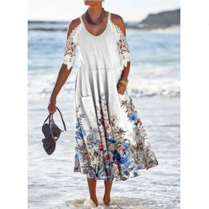 Women's long dress – Flowing cut – Bare shoulders – Lace – Breathable fabric – Pockets