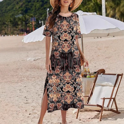 Women's long dress – Fluid cut – Floral print – Short sleeves – Breathable fabric