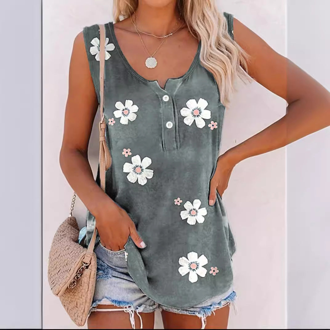 Débardeur Femme – Coupe Décontractée – Imprimé Fleuri – Col Rond Boutonné