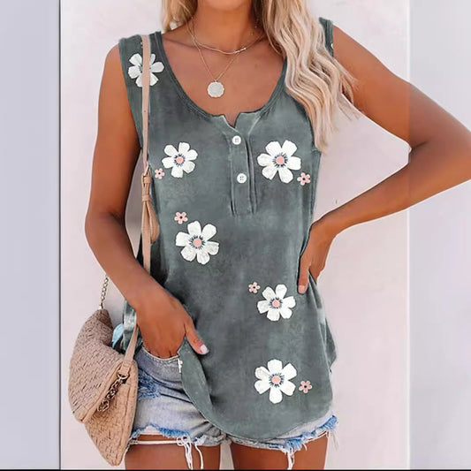 Débardeur Femme – Coupe Décontractée – Imprimé Fleuri – Col Rond Boutonné