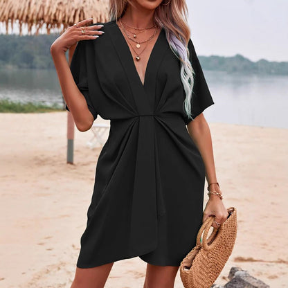Women's midi dress – Relaxed fit – V-neck – Mid-length sleeves – Front tie detail