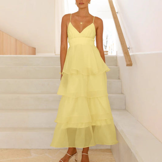 Women's long dress – Flowing cut – Layered ruffles – V-neckline – Thin straps