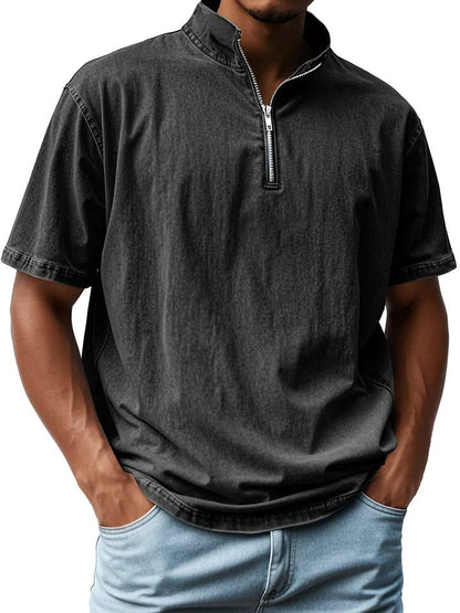 Men's short-sleeve shirt – Slim fit – Stand-up collar – Zip closure – Breathable fabric