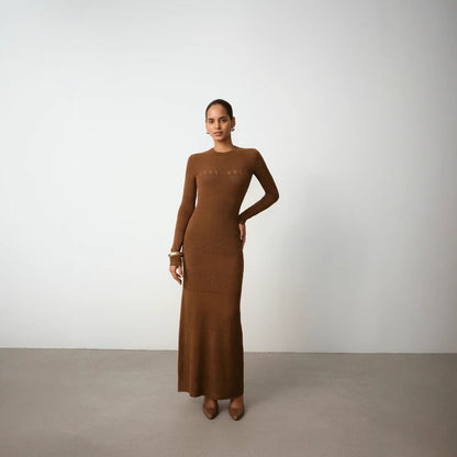 Robe longue femme – Coupe moulante – Maille côtelée douce – Manches longues – Col rond