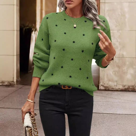 Pull femme – Coupe décontractée – Pois – Col rond – Manches longues