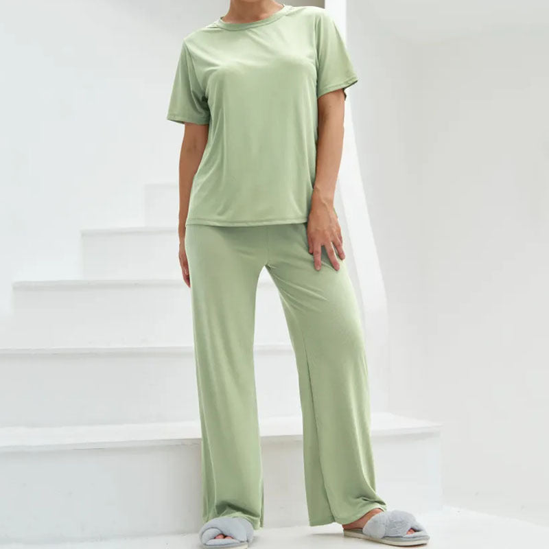 Women's Lounge Set – Cropped Top Short Sleeves – Wide Leg Pants – Breathable Fabric