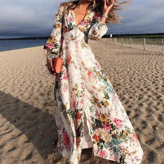 Women's long dress – Flared fluid cut – V-neck – Long sleeves – Breathable fabric