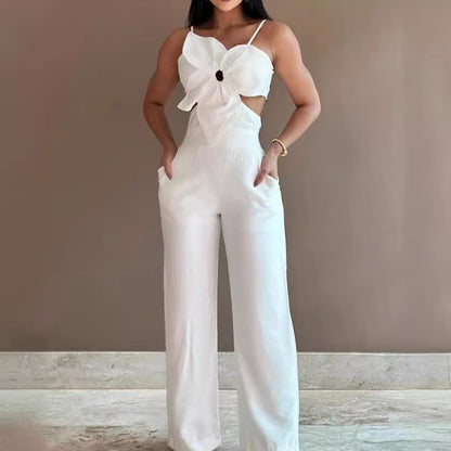 Women's Jumpsuit – Backless – Wide Legs – Thin Straps – Bow – Breathable Fabric