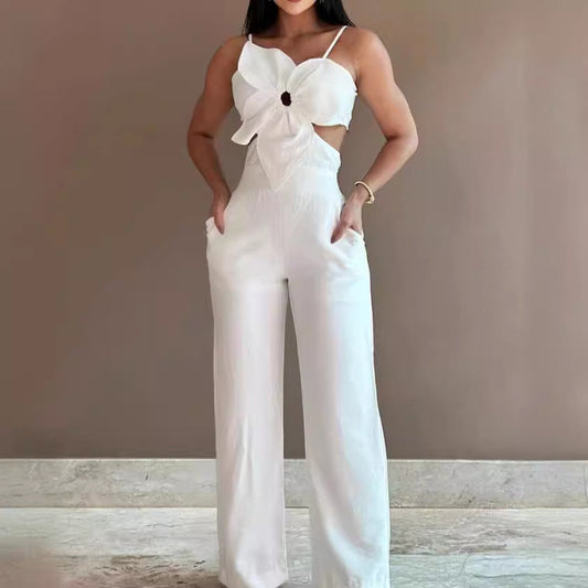 Women's Jumpsuit – Backless – Wide Legs – Thin Straps – Bow – Breathable Fabric